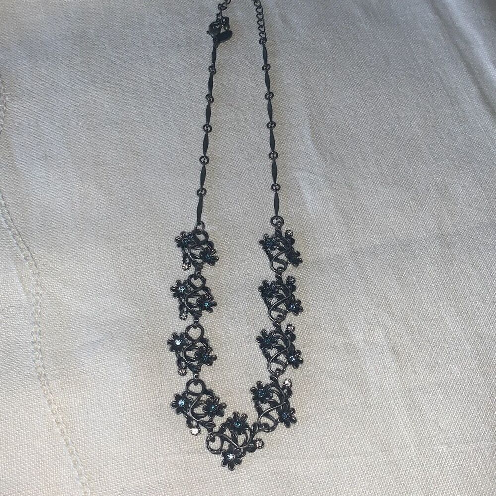 Vintage Park Lane Collar Necklace Blue Rhinestone Floral Pewter‎ Tone